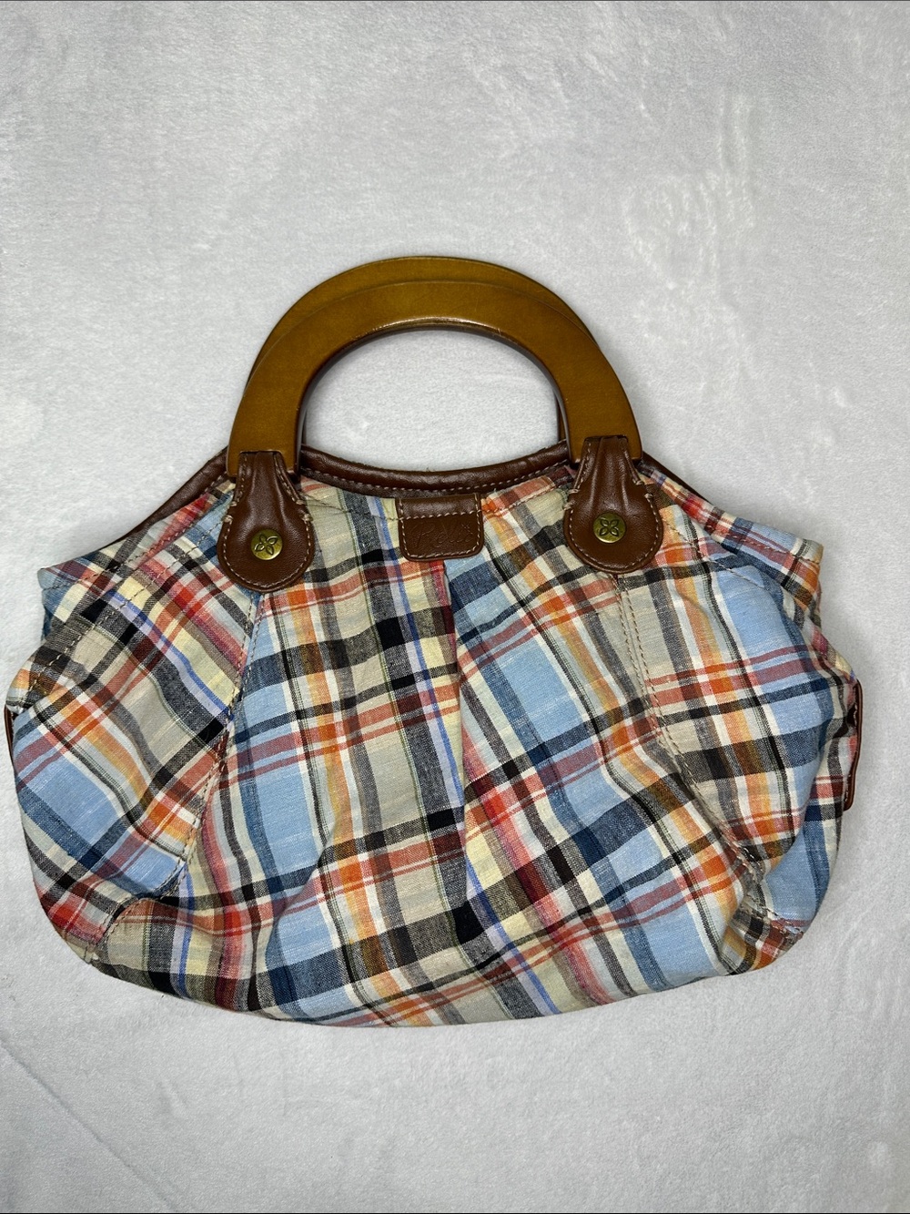 Relic Madras Plaid Cotton Handbag with Brown Wooden Handles